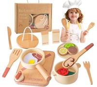 Accessoire Cuisine Enfant Bois,Jouet De Casseroles Et Poêles Dinette En Bois,Avec Vaisselle Et Aliments,Kit Cuisine Enfant Bois,Jeu De Rôle Bebe,Cadeau Pour Garçon Fille 3 4 5 6 Ans