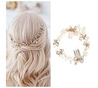 Accessoire de cheveux de mariage pour mariée - Feuilles dorées - Perle - Cristal - Accessoire de cheveux vintage - Bandeau de mariée pour femmes et filles