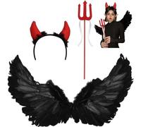 Accessoire De Déguisement De Diable 3 Pièces/Ensemble Ensemble De Déguisement De Diable d'halloween avec Ailes d'ange, Bandeau À Cornes Rouges Fourche pour Femme