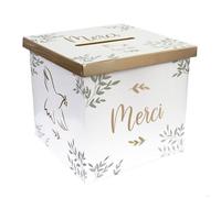 Accessoire de Mariage / Urne Imprimé 'Merci' avec Colombe Dorée / Dimensions : 20 x 20 x 20 cm