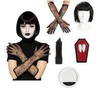Accessoire de vampire pour femme - Cape noire avec col, perruque Bob noire, gants en toile d'araignée, crocs de vampire, rouge à lèvres, maquillage pour le visage - Ensemble d'accessoires de costume