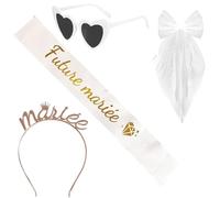 Accessoire EVJF Couronne Serre-tête Mariée+Echarpe Future Mariée+Voile avec Perles+Lunette Coeur Accessoire Kit Enterrement De Vie De Jeune Fille