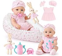 Accessoire pour Poupon Bebe, 33cm Poupée, Ajustable Floral Lit, Vêtements de Poupée, Biberon,Tétine, Peluche Lapin, Jouet de Rôle Anniversaire Cadeau Fille Enfant pour Fille 2 3 4 5 an