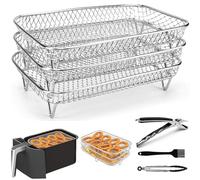Accessoires Air Fryer, 3PCS Air Fryer Grill Rack Empilable 20cm Carrée Grille de Cuisson Antiadhésive en Acier Inoxydable avec 1 Clip et 1 Pince (Rectangle)