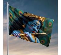 Accessoires de bar d'extérieur - Une divinité à la peau bleue ornée de bijoux joue une flûte dorée - Décorations de porte pour chambre à coucher et adolescent (120 x 180 cm)