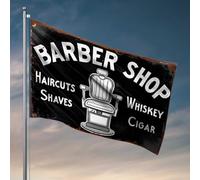 Accessoires de bar Man Cave Vintage Barber Shop signe : coupes de cheveux, rasages, whisky, cigare, décoration de garage pour homme, drapeau de jardin amusant (30 x 45 cm)