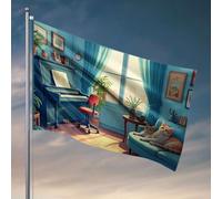 Accessoires de bar pour extérieur : une pièce confortable avec des chats qui se prélassent sur un canapé bleu, un piano et des plantes. Décorations de porte drapeau pour chambre à coucher et