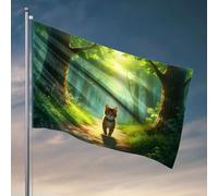 Accessoires de bar pour homme, grotte, un chat, marche sur un chemin dans une forêt ensoleillée. Drapeaux pour dortoir universitaire, barre Tiki pour extérieur P (60 x 90 cm)