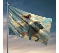 Accessoires de chambre cool pour adolescents garçons A Woman Rides A Majestic White Lion Through The Clouds Flag Things for Boys Room Outdoor Signs and Decor (120 x 180 cm)