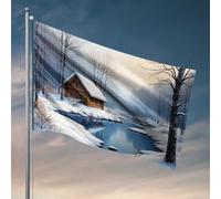 Accessoires de chambre pour adolescents garçons Cabane d'hiver au bord de la rivière Drapeau de jardin d'automne Drapeaux de jardin drôles (120 x 180 cm)