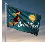 Accessoires de chambre pour adolescents garçons Une sorcière volant sur un balai sous une pleine lune avec le mot « Bewitched » drapeau étudiant athlète drapeau de chambre d'université (120 x 180 cm)