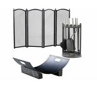 Accessoires de cheminée - Carlo Milano - Kit 4 pièces - Serviteur, porte-bûches, pare-feu - Métal, Bois - Noir