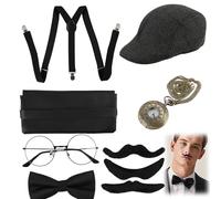 Accessoires De Costume Années 20 - Set D’accessoires Pour Homme (Montre À Quartz Bronze + Casquette Noire + Lunettes Rétro + 3 Faux Barbes + Cravate + Bretelles), Idéal Pour Déguisement Années 20