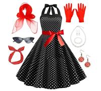 Accessoires de costume années 50 : robe à pois, lunettes œil de chat, écharpe, bandeau, collier et gants pour cosplay, fête, école, journée