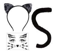 Accessoires de Costume de Chat, Serre-Tête de Chat Noir & Visage Orné de Strass & Queue de Chats, Catwoman Deguisement Accessoires pour Enfants Adultes Halloween Carnaval Cosplay
