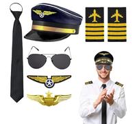 Accessoires de Costume de Pilote Kit, 7 Pièces Ensemble De Capitaine, C-ostume Pour Homme Avec Épaulettes Rayures Casquette De Capitaine, Badge Pour C-ostume De Pilote De Carnaval Pour Homme