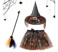 Accessoires de costume de sorcière d'Halloween | Ensemble de costume de sorcière avec balai et jupe pour enfant - Fournitures de cosplay d'Halloween réglables pour enfants, adolescents, filles et