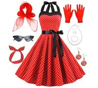 Accessoires de costume des années 50, tenue rétro des années 50 pour femme avec robe à pois, lunettes œil de chat, écharpe, bandeau, collier et gants pour fête à thème des années 50
