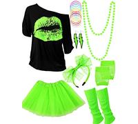 Accessoires de costume des années 80, t-shirt à motif lèvres, jupe tutu, serre-tête en dentelle, boucles d'oreilles fluo, collier, jambières, mitaines en résille et bracelet (vert fluo, taille XXXL)