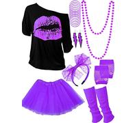Accessoires de costume des années 80, t-shirt à motif lèvres, jupe tutu, serre-tête en dentelle, boucles d'oreilles fluo, collier, jambières, mitaines en résille et bracelet (violet, taille M)