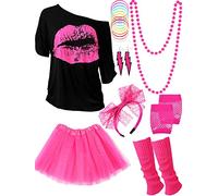 Accessoires de costume des années 80, t-shirt à motif lèvres, jupe tutu, serre-tête en dentelle, boucles d'oreilles fluo, collier, jambières, mitaines en résille et bracelet (rouge, taille XXL)