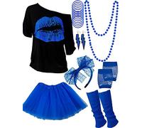 Accessoires de costume des années 80, t-shirt à motif lèvres, jupe tutu, serre-tête en dentelle, boucles d'oreilles fluo, collier, jambières, mitaines en résille et bracelet (bleu roi, taille XXL)