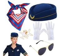 Accessoires de costume d'hôtesse de l'air - Badge d'avion d'hôtesse - Costume d'hôtesse de l'air pour écharpe rayée, béret, gants, broche d'avion et lunettes de soleil, J'accepte la spécialisation