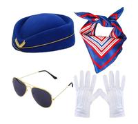 Accessoires de costume d'hôtesse de l'air - Chapeau | Écharpe, lunettes de , gants - Ensemble Cosplay de l'hôtesse de l'air, chapeau réglable 56-58 cm, écharpe 50 x 50 cm, parfait pour les fêtes