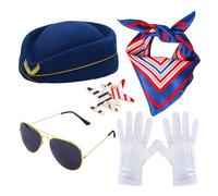 Accessoires De Costume D'hôtesse De L'air - Ensemble De Badges D'avion, Compléments De Tenue D'agent De Bord | Comprend Des Gants, Une Broche, Des Lunettes De Soleil, Un Béret, Un Foulard Rayé Bleu, R