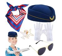 Accessoires de costume d'hôtesse de l'air - exquise, accessoires de costume d'hôtesse de l'air, costume d'hôtesse de l'air pour femme | Tenue de cosplay pour écharpe rayée, béret, gants