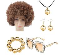 Accessoires de costume disco des années 70 pour femme - Costume de rappeur bling 5 pièces - Accessoires de boule disco - Lunettes de soleil - Bracelet - Perruque afro - Boucles d'oreilles - Collier