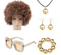 Accessoires de costume disco - Kit de fête de rappeur, perruque afro, lunettes de , écharpes à paillettes, bracelets, bandeaux | Ensemble de boucles d'oreilles et collier style disco années 70