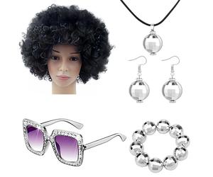 Accessoires de costume disco pour costume de rappeur des années 70, perruque afro, boucles d'oreilles, lunettes de soleil, ballon, collier, kit de fête pour homme et femme