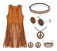 Accessoires de Costume Hippie pour Femmes, Ensemble Hippie de Déguisement des Années70, Gilet à Pampilles, Bandeau, Bracelet, Boucles d'oreilles, Collier, Lunettes de Soleil,Costume Disco de Carnaval