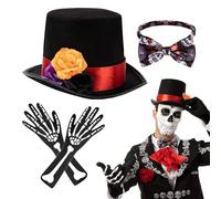 Accessoires de costume Jour des Morts - Ensemble de costume d'Halloween squelette d'Halloween | Chapeaux pour homme et adulte, motif rose du jour des morts pour la plupart des adolescents