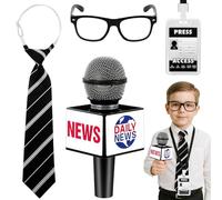 Accessoires de Costume Journaliste pour Enfants, Faux Micro Cravate Pré-Nouée Lunettes Sans Correction Carte de Presse Jouet Déguisement de Petit Reporter pour Halloween Carnaval Fête Déguisée à Thème