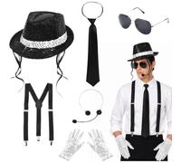 Accessoires De Costume MJ 6Pezzi, Costume Disco De Danseur Rock Star Des 80s Acve Chapeau à Sequins Gants Micro-Casque Lunettes De Soleil Bretelles Cravate,Costumi Halloween Per Carnevale,Festa a Tema
