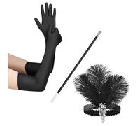 Accessoires de costume vintage années 1920 pour femme : bandeau, gants en satin, cocktail, fête, déguisement, accessoire de costume, gants en satin longueur opérale, porte-cigarettes noir, Noir