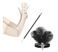 Accessoires de costume vintage années 1920 pour femme : bandeau, gants en satin, cocktail, fête, déguisement, accessoire de costume, gants en satin longueur opérale, porte-cigarettes noir, champagne