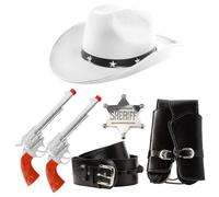 Accessoires de cowboy pour adultes - Chapeau de cowboy clouté en forme d'étoile blanche, accessoires pistolet en plastique, étui noir avec boucle et badge de shérif argenté - Ensemble d'accessoires de