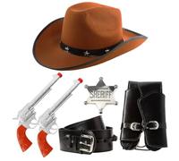 Accessoires de cowboy pour adultes - Chapeau de cowboy clouté en forme d'étoile marron, accessoires pistolet en plastique, étui noir avec boucle et badge de shérif argenté - Ensemble d'accessoires de