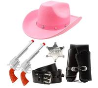 Accessoires de cowboy pour adultes - Chapeau de cowboy clouté étoile rose, accessoires pistolet en plastique, étui noir avec boucle et badge de shérif argenté - Ensemble d'accessoires de déguisement