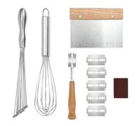 Accessoires de cuisson en acier inoxydable 4 pièces : balai ballon, balai à billes, grattoir à pâte et couteau à pain - Idéal pour battre, mélanger et couper la pâte à pizza, le levain et plus encore