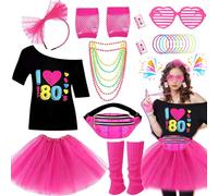 Accessoires de déguisement des années 80 pour femme, y compris t-shirt, jupe, sac banane, jambières, gants, lunettes, bandeau, boucles d'oreilles, collier, bracelets, tenues de costume des années 80