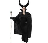 Accessoires de déguisement pour adultes de la Méchante Reine comprenant une robe Halloween noire à manches larges + une coiffe en forme de cornes noires + une cape avec col de 142 cm + des gants noirs