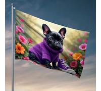 Accessoires de drapeau de jardin Adorable bouledogue français en pull violet avec fleurs drapeau art décoration de chambre à coucher (152 x 244 cm)