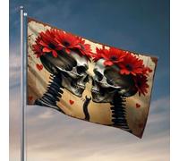 Accessoires de drapeau de jardin avec deux crânes avec fleurs, cœurs autour. Drapeau pour homme Décoration de campagne (120 x 180 cm)