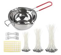 Accessoires de fabrication de bougies Alumuk - Bol de fusion et 150 mèches de bougie cirées - Mèches plates - Avec 2 supports fixes en acier inoxydable et 200 autocollants double face pour mèche