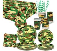 Accessoires de fête camouflage - Vaisselle de fête armée - Assiettes à dessert - Assiettes à dessert - Serviettes de table - Pailles pour garçons - Camouflage - Chasse - Fournitures de fête militaires