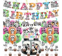 Accessoires de fête d'anniversaire raton laveur - Kit de décorations avec bannière, tourbillons suspendus, décorations de cupcake, ballons pour animaux de la forêt, fête prénatale